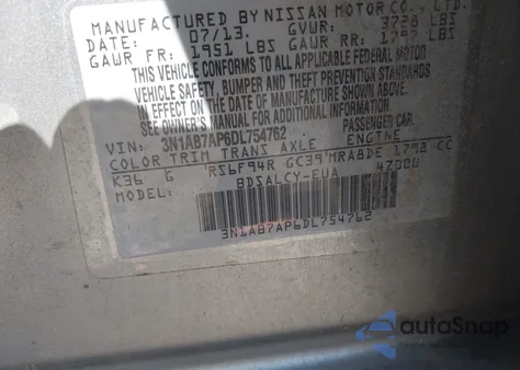 2013 Nissan Sentra S from USA, damaged, VIN 3N1AB7AP6DL754762